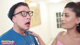 Hot British Indian model licks the cum off dork's glasses after he cums on his face