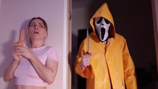 A couple makes love while fearing a scary figure, with intense passion