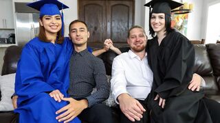 Step dad educates his step daughters Hazel Heart and Remi Jones on how to fuck