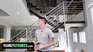 Two step brothers fuck their step sister Sarah Bella with huge natural tits