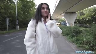 A petite brunette gets fucked outdoors after almost getting hit by a taxi