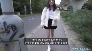 A petite brunette gets fucked outdoors after almost getting hit by a taxi