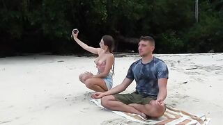 A petite brunette gets meditative on the beach and gets fucked