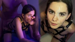 A pretty brunette babe got fucked in a harness and cum on her face