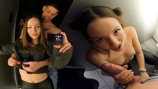 Cute brunette has sex with her boyfriend in the dressing room of a shopping mall