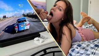A girl was playing Xbox when a man came and fucked her mouth