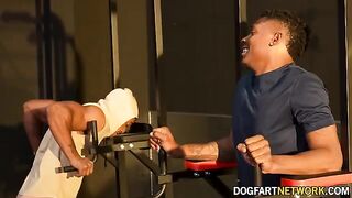 Kay Carter gets fucked by two black guys in front of her husband at the gym