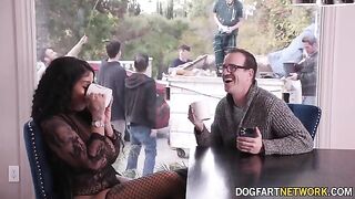 Ebony babe Paris The Muse gets her mouth filled with cum by 10 cocks in a wild bukkake scene