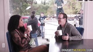 Ebony babe Paris The Muse gets her mouth filled with cum by 10 cocks in a wild bukkake scene