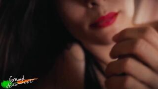 Pervert guy gets a sloppy blowjob from his sexy stepmom wearing red lipstick