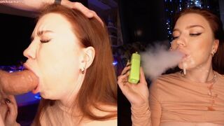 A beautiful 18 y.o. girl is smoking a cigarette and blowing cock