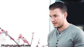 Two masseuses serve one client with a special massage in this steamy scene
