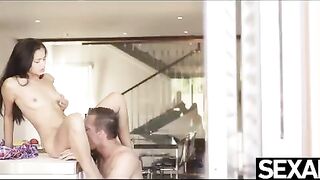 Petite brunette gets fucked on the kitchen table