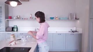 I'm cooking and stripping at a friend's house in the kitchen