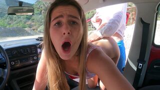 A blonde is getting fucked hard in the car on a public parking lot!