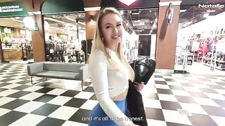 A blonde fucks in the shopping mall toilet for money