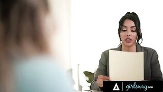 Busty Kayley Gunner destroys sexy lawyer Vanessa Sky’s pussy in intense lesbian action