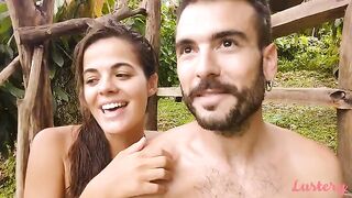 Passionate couple Adam and Eve make love outdoors