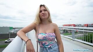 Irina Cage gets fucked on a bridge for cash in wild Public Agent scene