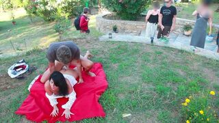 A brunette woman has sex with a stranger on the meadow