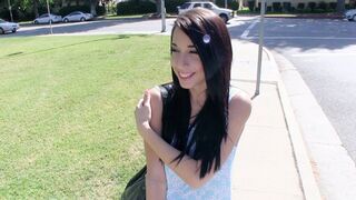 Petite teen Mia Hurley shows her tits for money in steamy scene