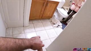Stepmom undresses after work and gets ready for shower when stepson watches
