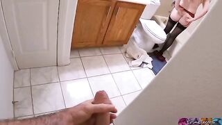Stepmom undresses after work and gets ready for shower when stepson watches