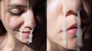 A girl with a cute face gets a huge cumshot on her face