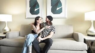 A brunette woman experiences her first double BJ with her boyfriend