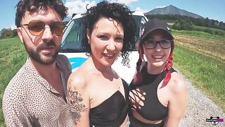 Girls fuck with strangers in the camper after Italian dialogues