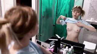 The cute girl made a surprise for her boyfriend in the bathroom