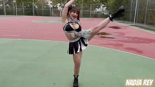 Cute cheerleader bounces on big ass outdoors