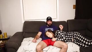 A stepson fucks his steaming-hot stepmom on a couch, risking cum in her mouth
