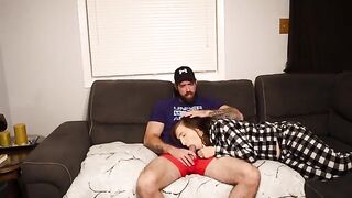 A stepson fucks his steaming-hot stepmom on a couch, risking cum in her mouth