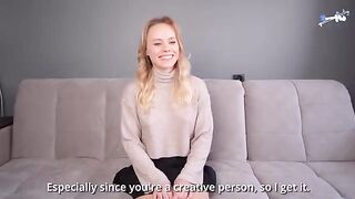 A cute blonde girl with a big ass fucks on her first porn casting