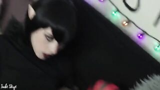 Mavis first tries to do a blowjob and swallow cum with fangs