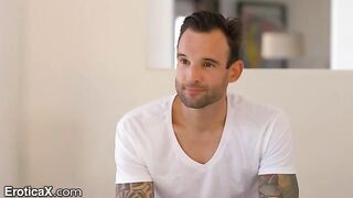 Hot Latina Eliza Ibarra dances with tattooed Frenchman in the sheets, a sensual scene