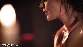Skinny teen Lilu Moon gets her tight ass eaten by busty Tina Kay in oily massage scene