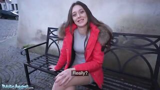 The mini skirt girl is fucking in the street for a hundred euros with Public Agent