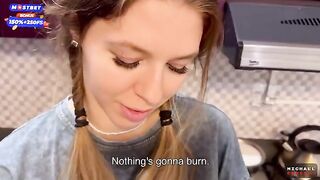 The flatmate doesn't mind occasional sex in the kitchen and getting cum on her pigtails
