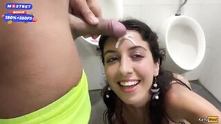 Public blowjob and cum walk by a waterfall, featuring a daring performance