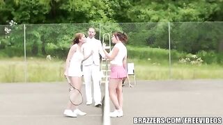 A girl is having fun with her sex friend on the tennis court