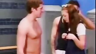 A cute schoolgirl got caught and fucked by guys in the locker room