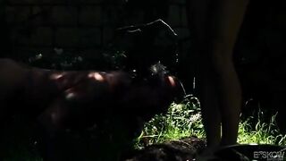 Blonde beauty gets fucked in the garden by horny guy