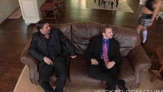 Two guys fucked a hairy blonde in two pairs of pants