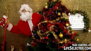A Russian woman is having sex with five guys in the role of Santa Claus