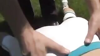 The pretty sports girl has sex on the couch and gets cum on her boobs