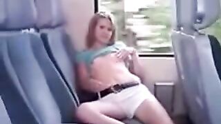 On the bus, in the back seat, the girl ironed her pussy through panties