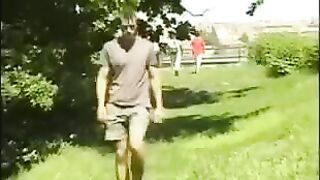 A man in the hayloft plays with his long dick