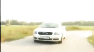 A girl with a shaved pussy was given on the hood of a car